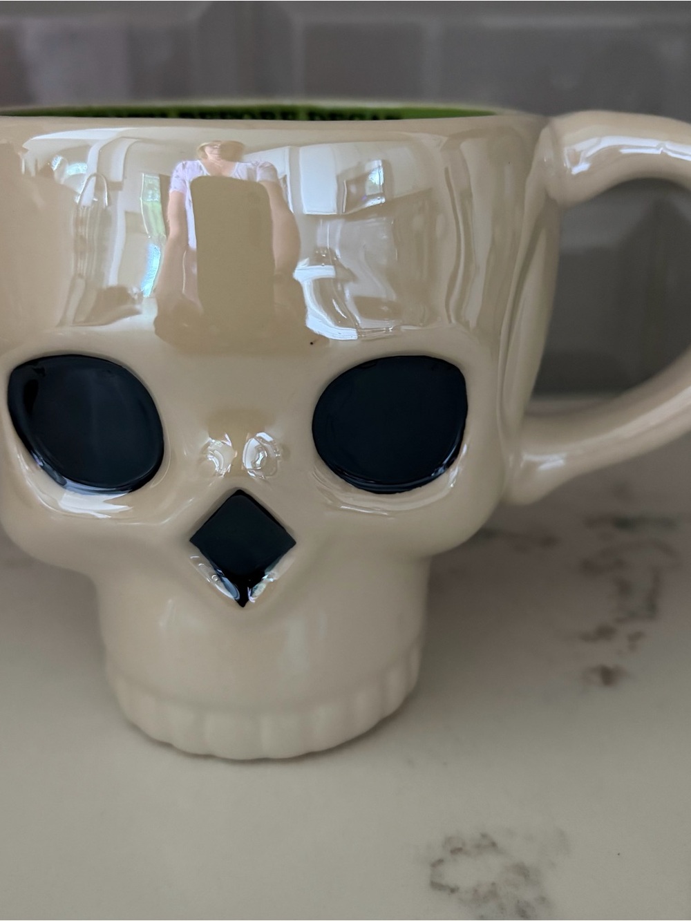 Skeleton Ceramic Mug 3.75" Glazed Large Lime Color Inside…DEATH BEFORE DECAF